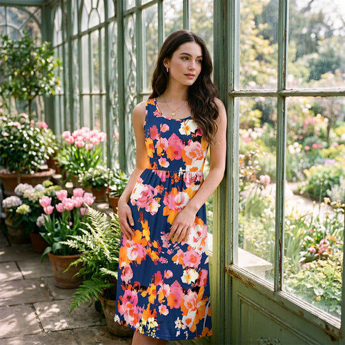 Print Waist Flowy Midi Dress with Pockets