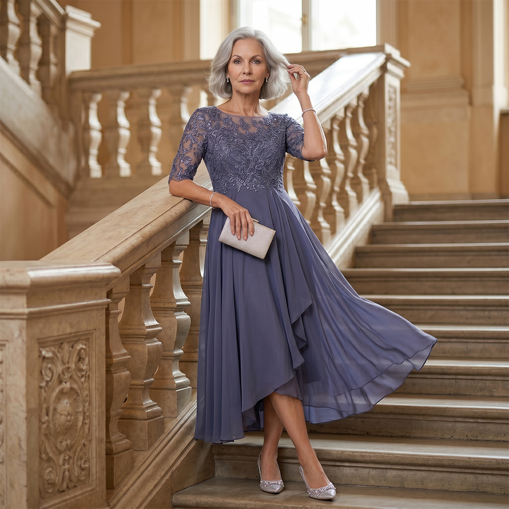 Lace Pleated Midi Elegant Evening Dress