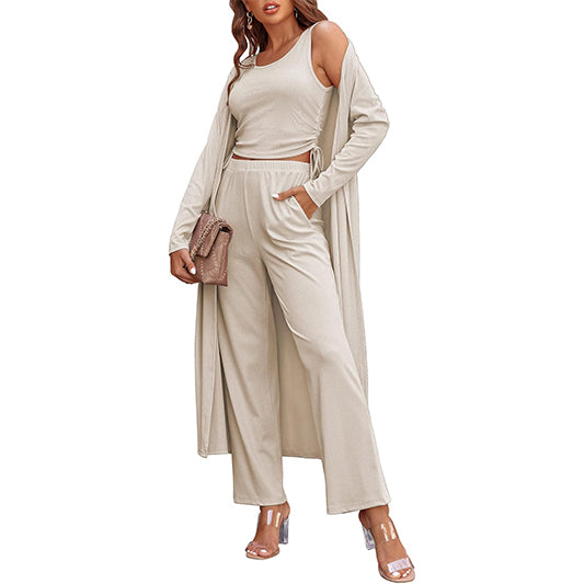 Women’s 3-Piece Lounge Set Cardigan Tank Top Pants Pajamas