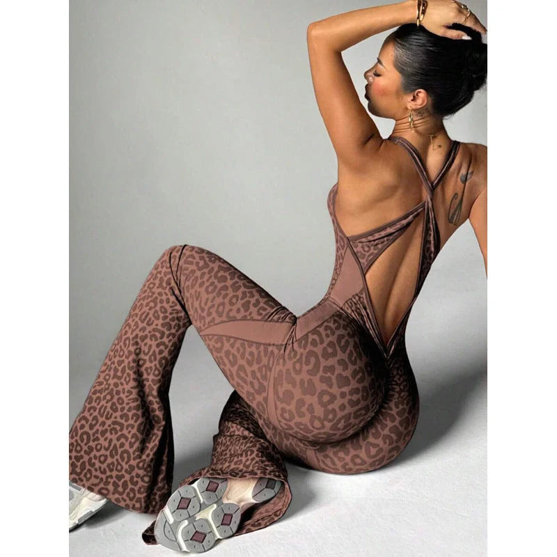 Leopard print one-piece yoga suit