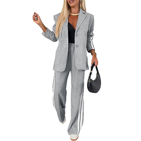Women’s Two-Piece Blazer & Pants Set – Striped Business Casual Suit