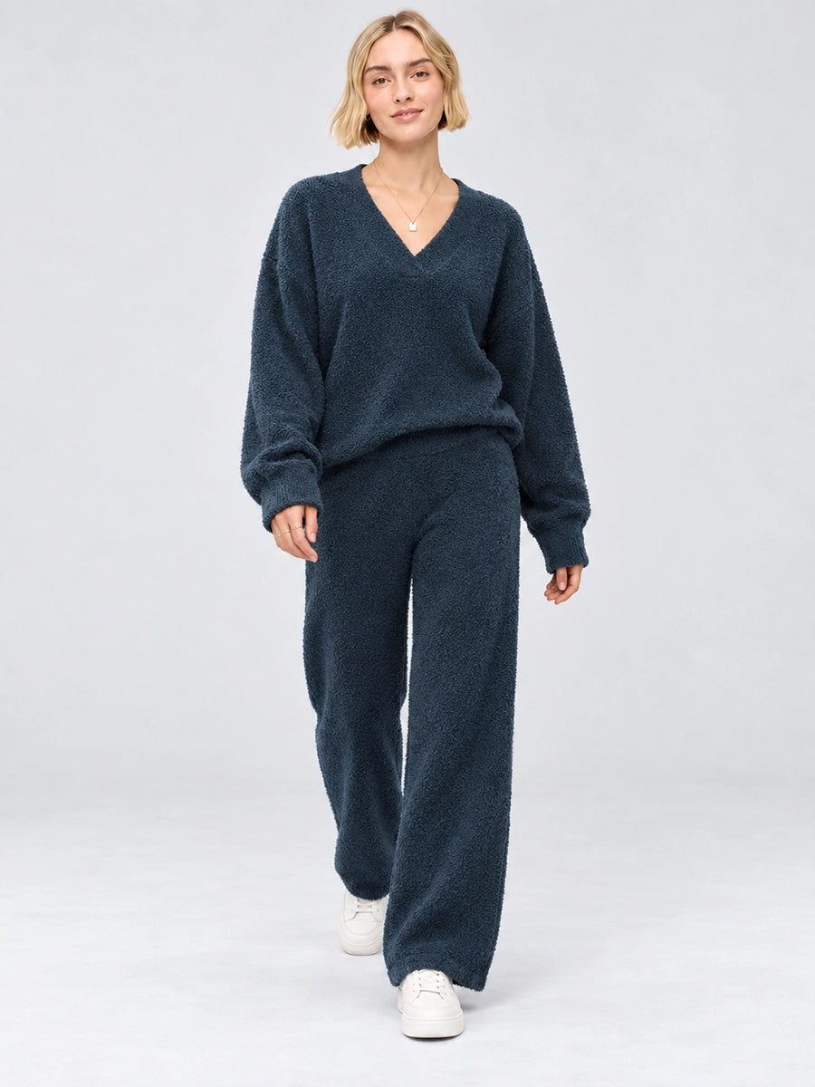 Women’s V-Neck Knit Lounge Set with Pockets