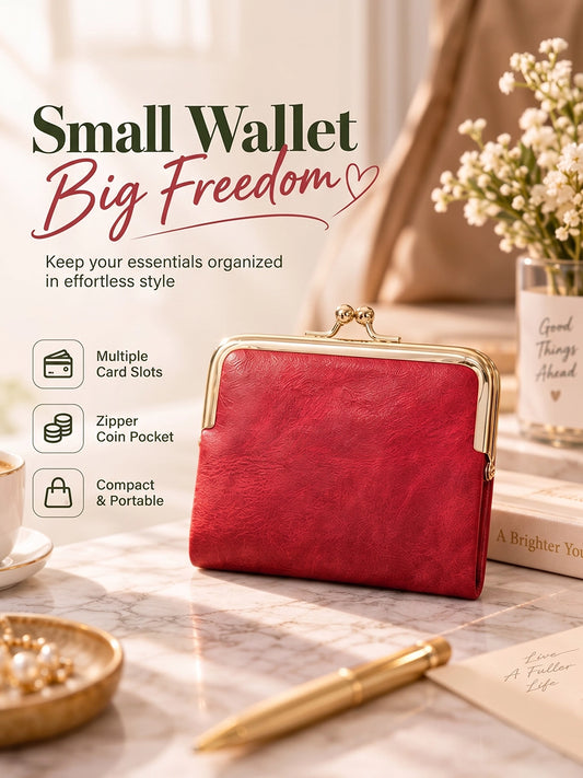 Compact Vintage-Style Bifold Wallet with Kiss-Lock Coin Pocket