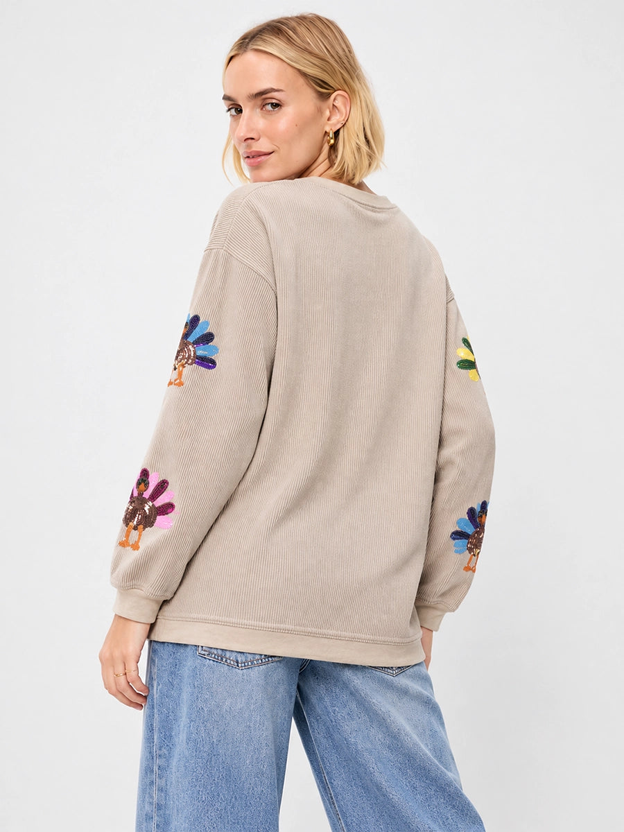 Sequin Turkey Graphic Ribbed Sweatshirt
