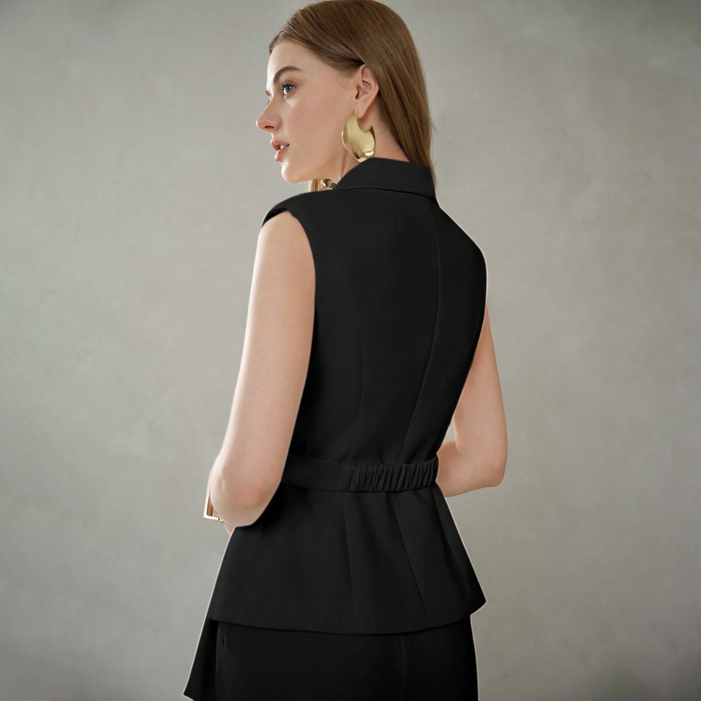 Solid Peak Collar Belted Waistcoat