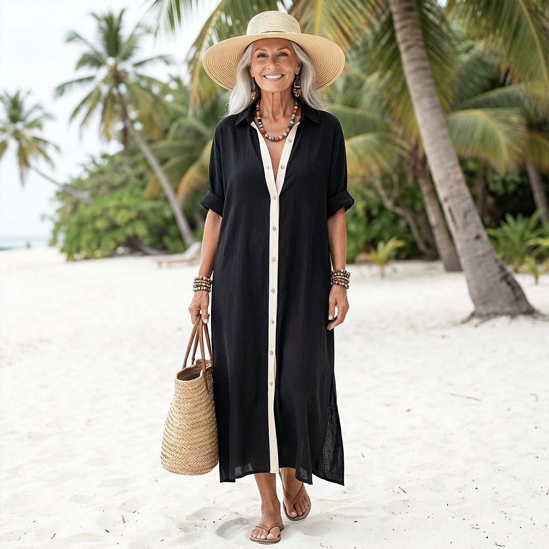 Women's Minimalist Linen Blend Short-sleeved Shirt Maxi Dress