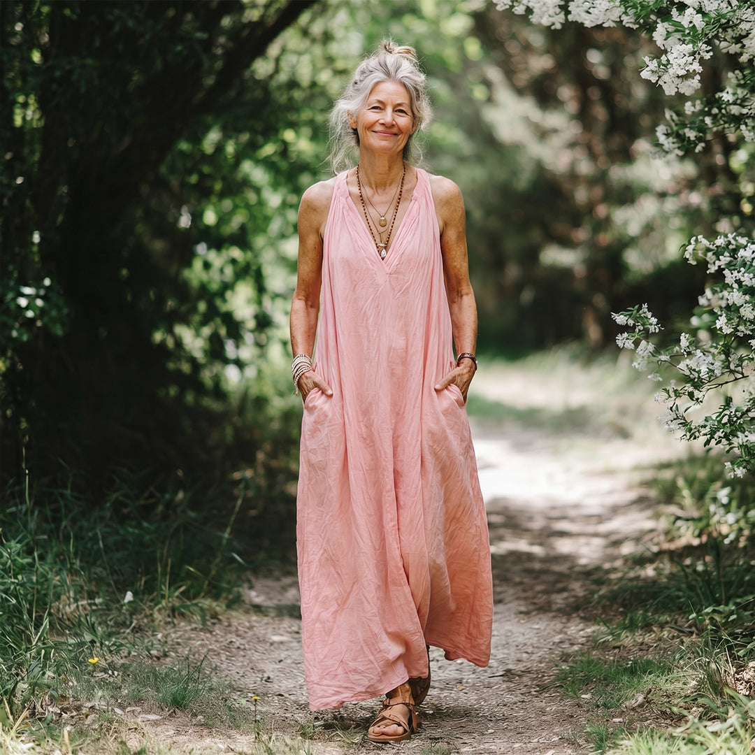 Linen Blend Solid Color Loose V-neck Sleeveless Pocket Casual Maxi Dress