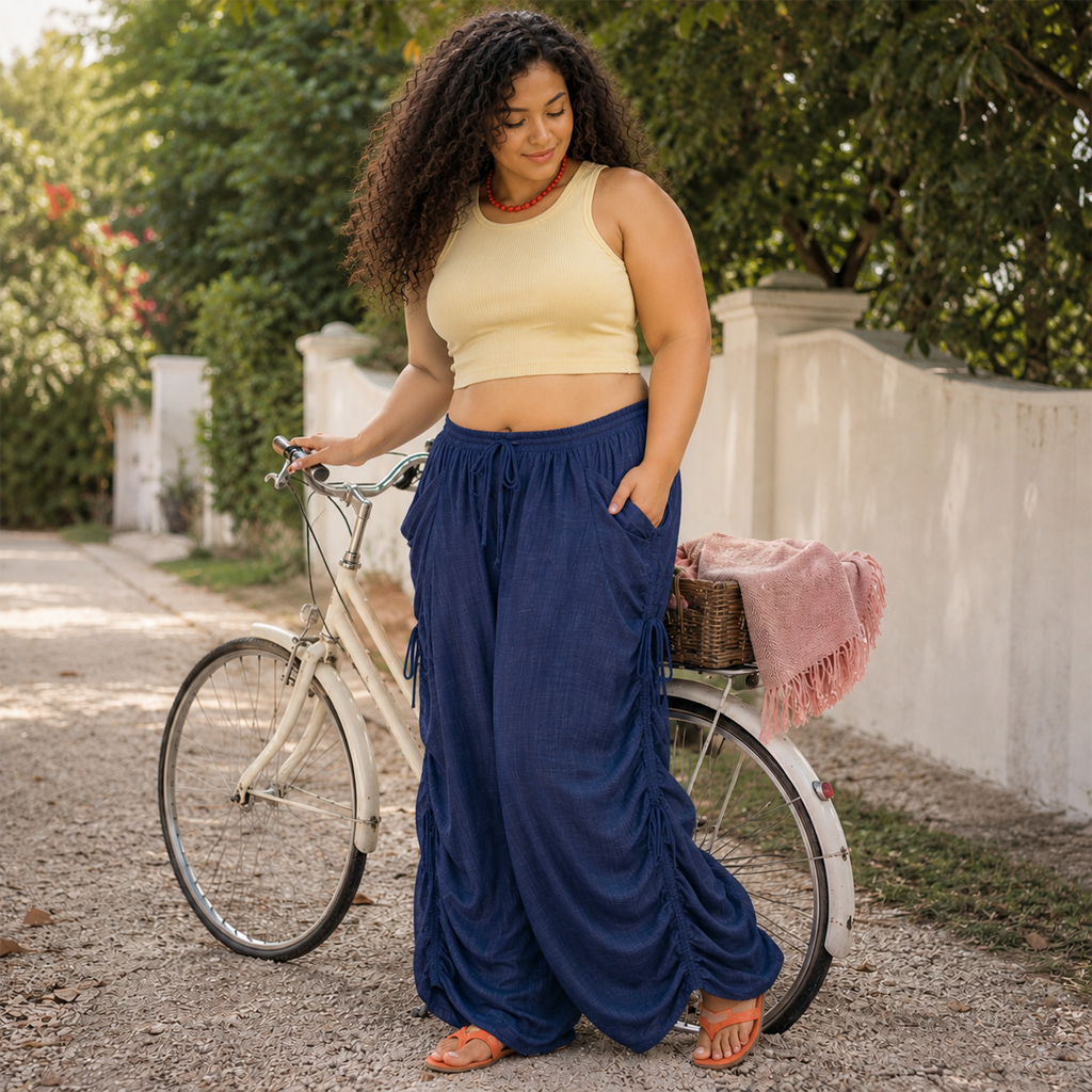 Wide Leg Loose Casual Pants with Waist Tie and Side Pockets