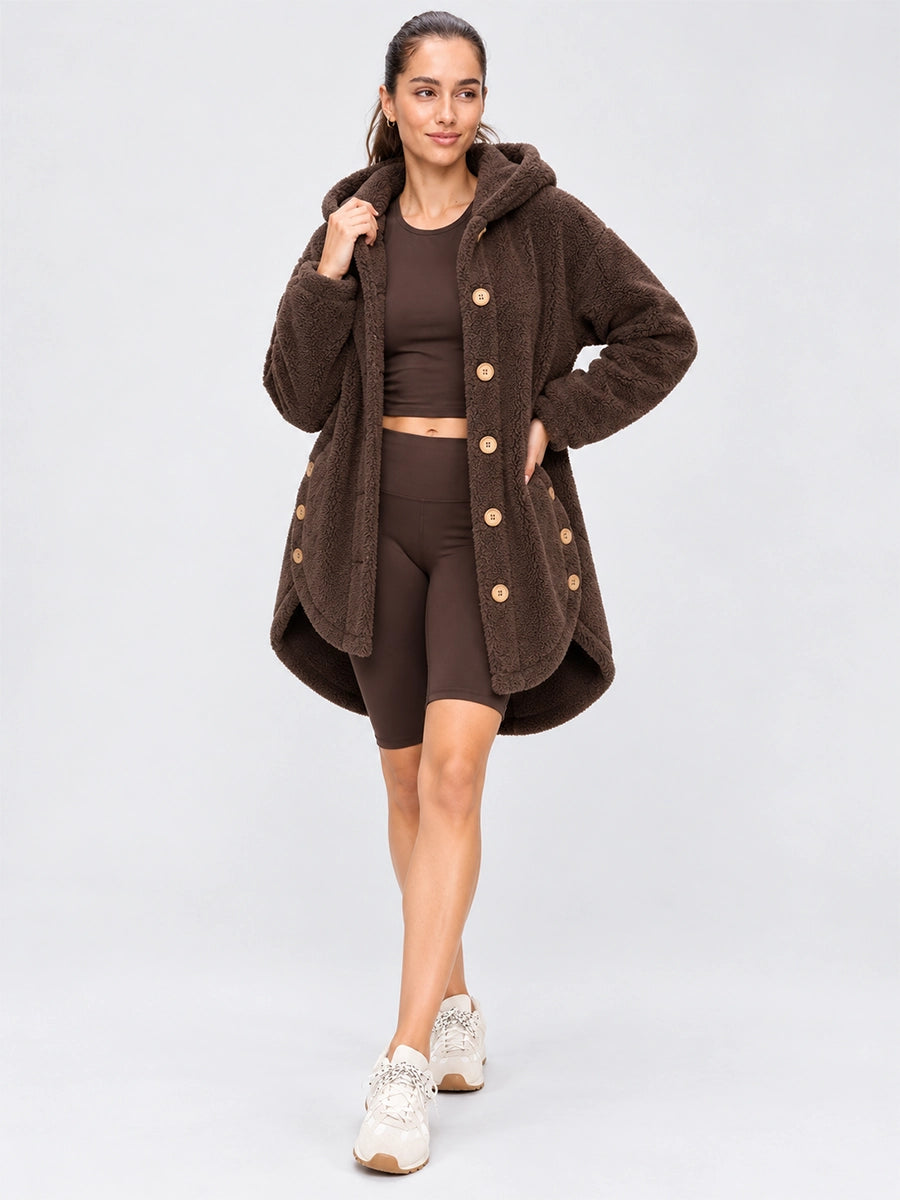 Women’s Asymmetric-Button Plush-Look Hooded Coat