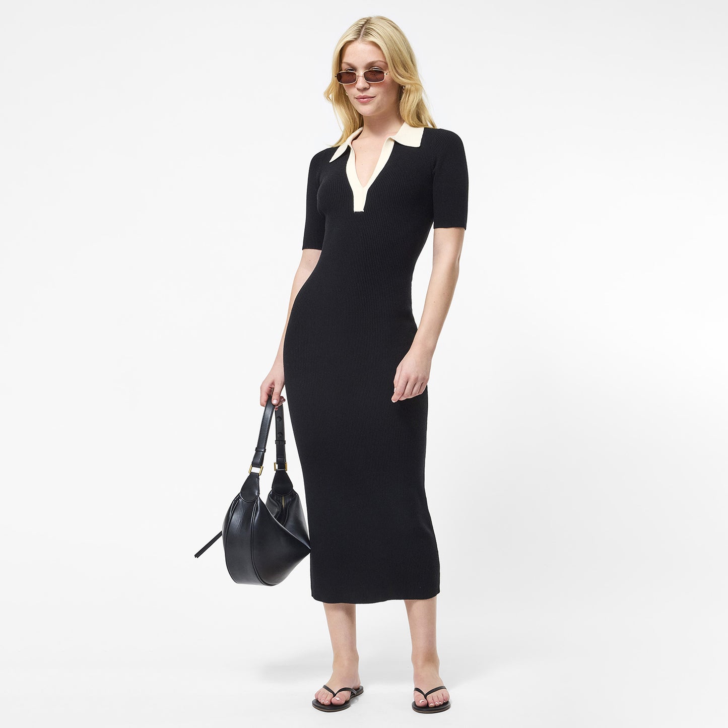 Contrast Collar Short Sleeve Knit Maxi Dress