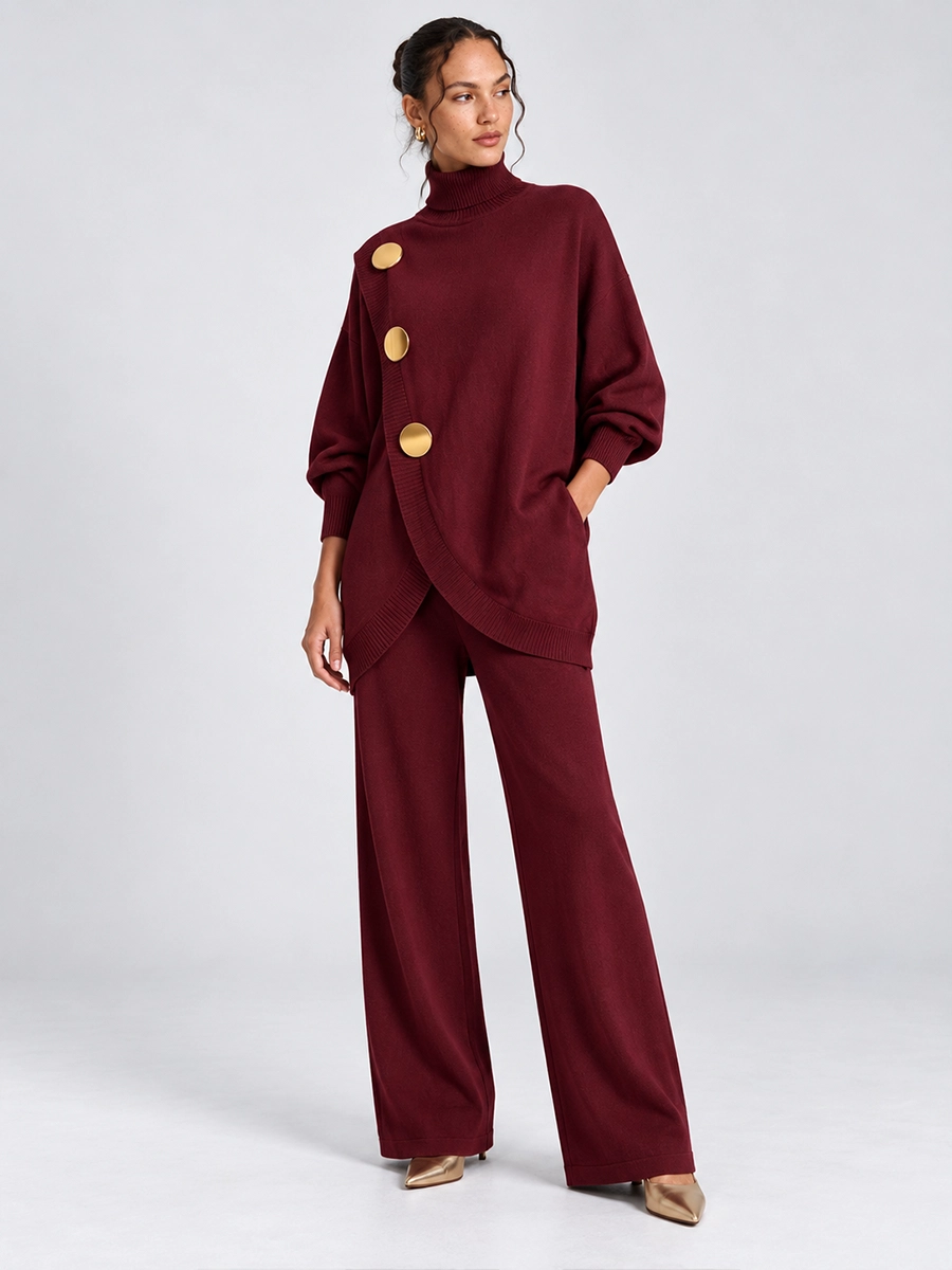 Women's Asymmetrical Button Knit Top and Pants Set