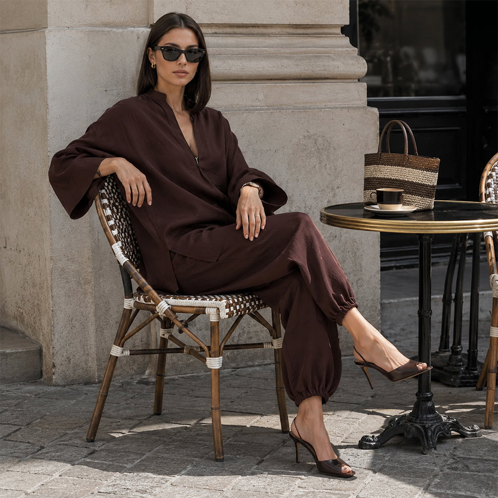 Women's Loose Cotton Linen Set, Asymmetric Hem & Minimalist Style