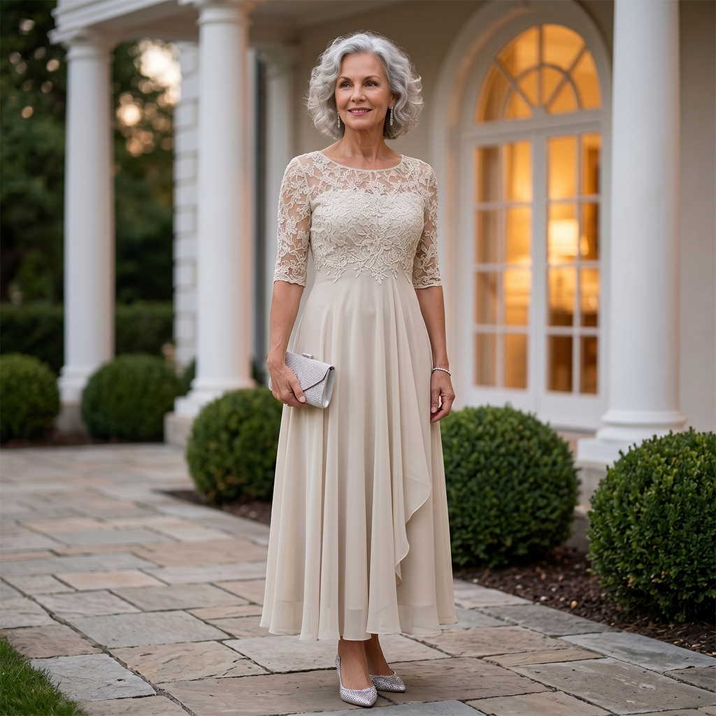 Lace Pleated Midi Elegant Evening Dress