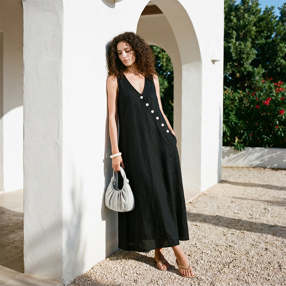 Oblique Button Sleeveless Dress