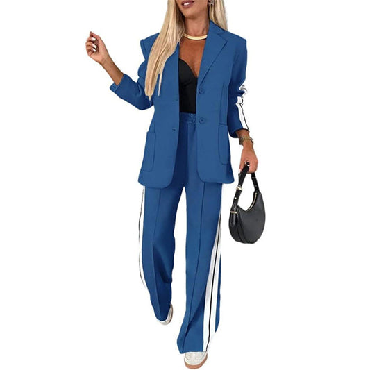 Women’s Two-Piece Blazer & Pants Set – Striped Business Casual Suit