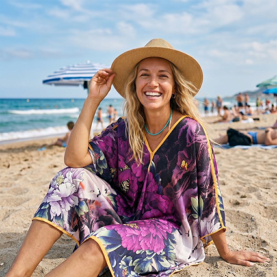 V-Neck Silk Printed Shawl
