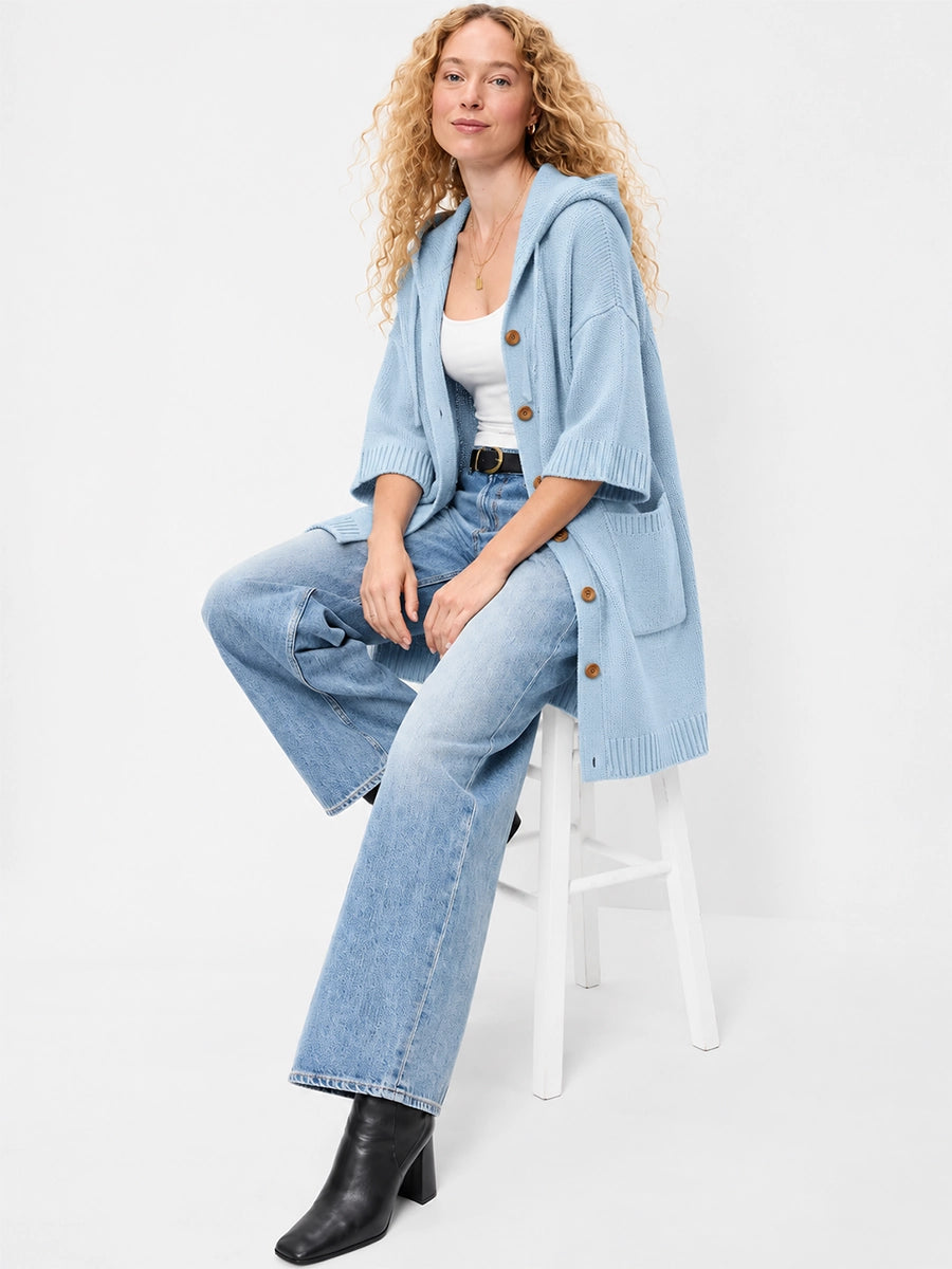 Long Hooded Button-Front Knit Cardigan with Pockets