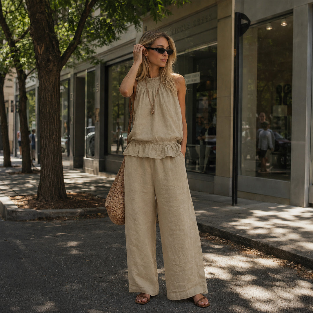 Bohemian Ruffled Linen-Cotton Two-piece Outfit