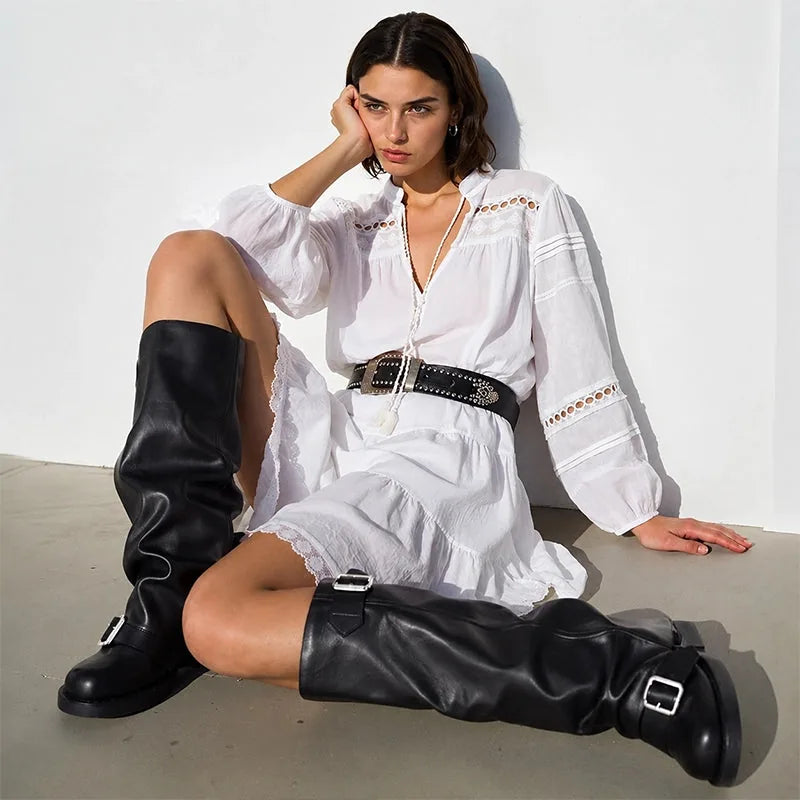 Women’s Round-Toe Buckle Knee-High Rider Boots