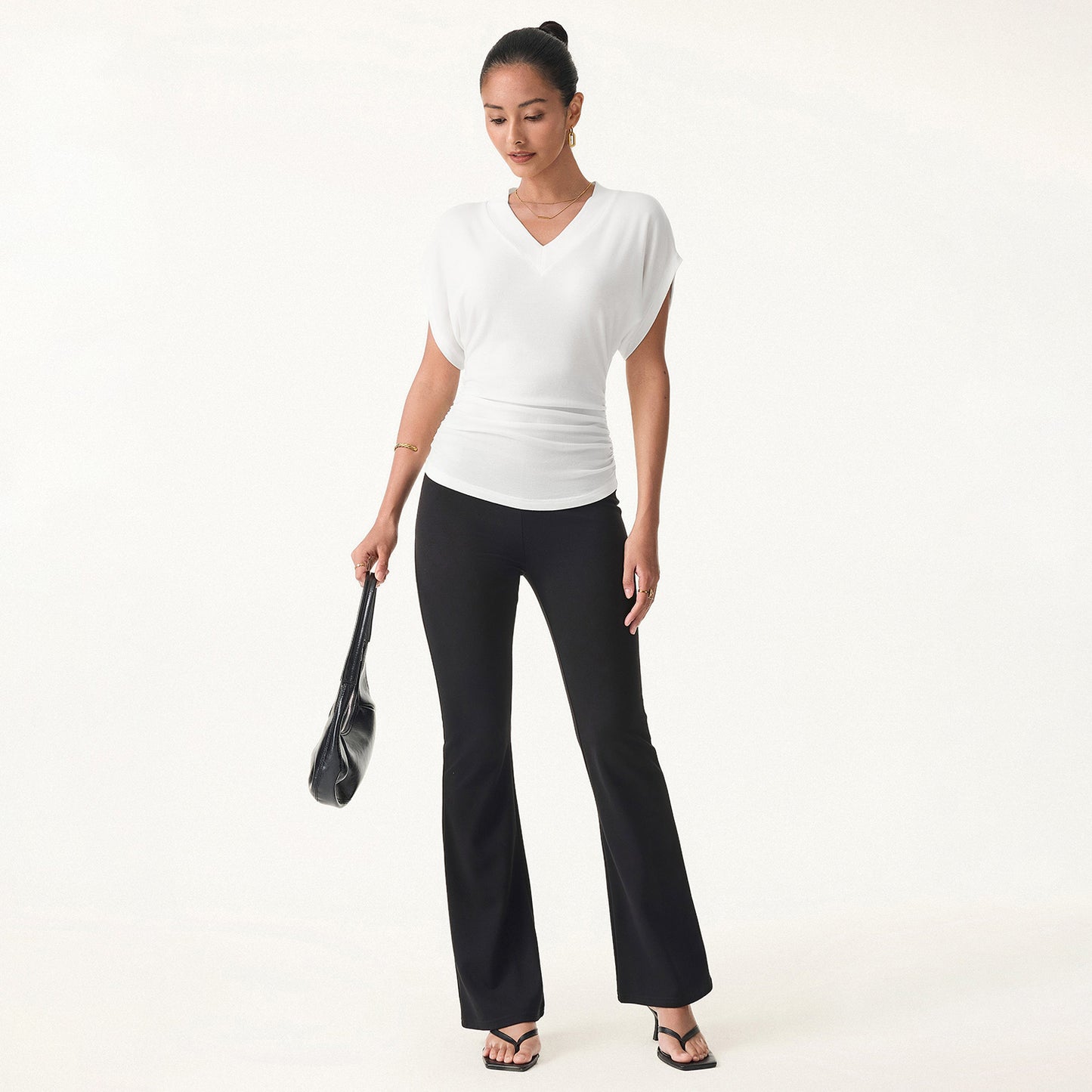 V-Neck Waist-Cinching Ruched T-Shirt