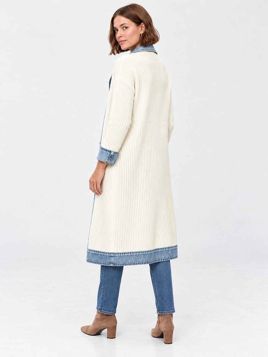 Long Knit Cardigan with Denim-Style Trim