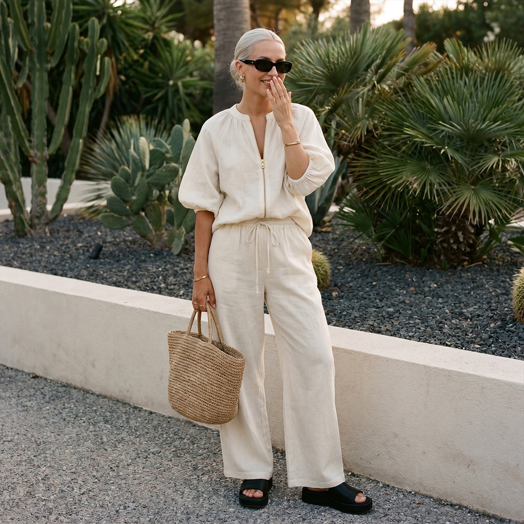 Linen Cotton Zipper Shirt & Wide-Leg Pants Set