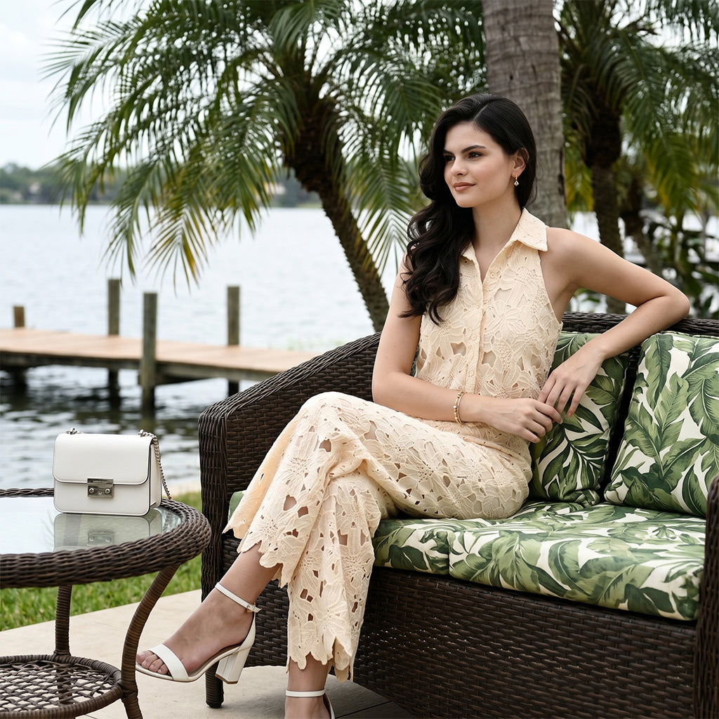 Hollow V-Neck Off Shoulder Embroidered Two Piece Set