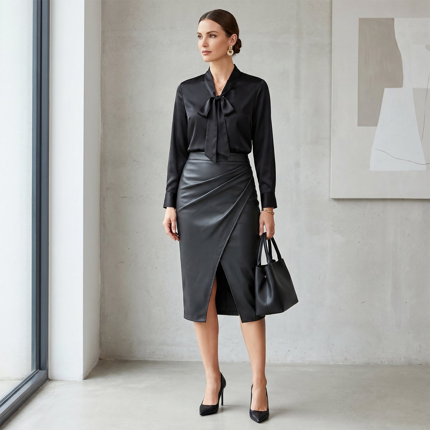 Pleated Split PU Leather Skirt