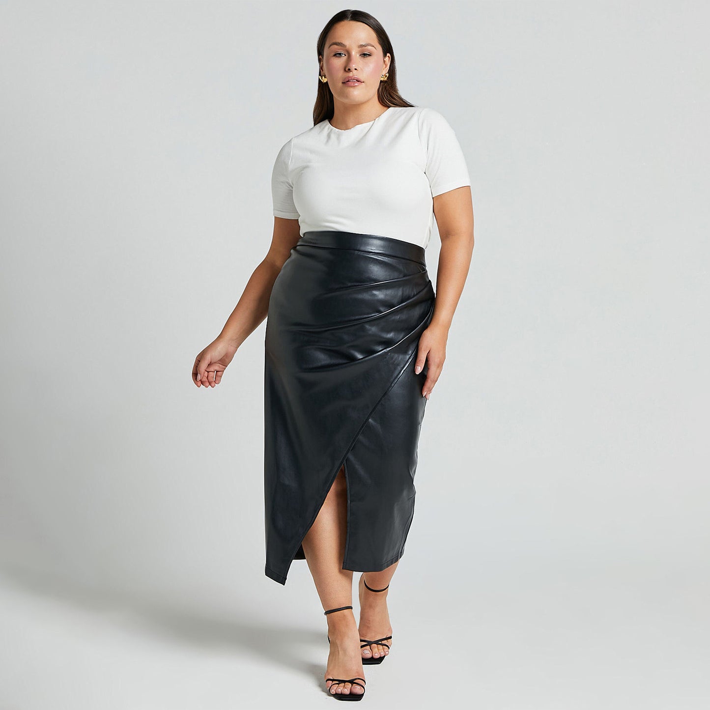 Pleated Split PU Leather Skirt