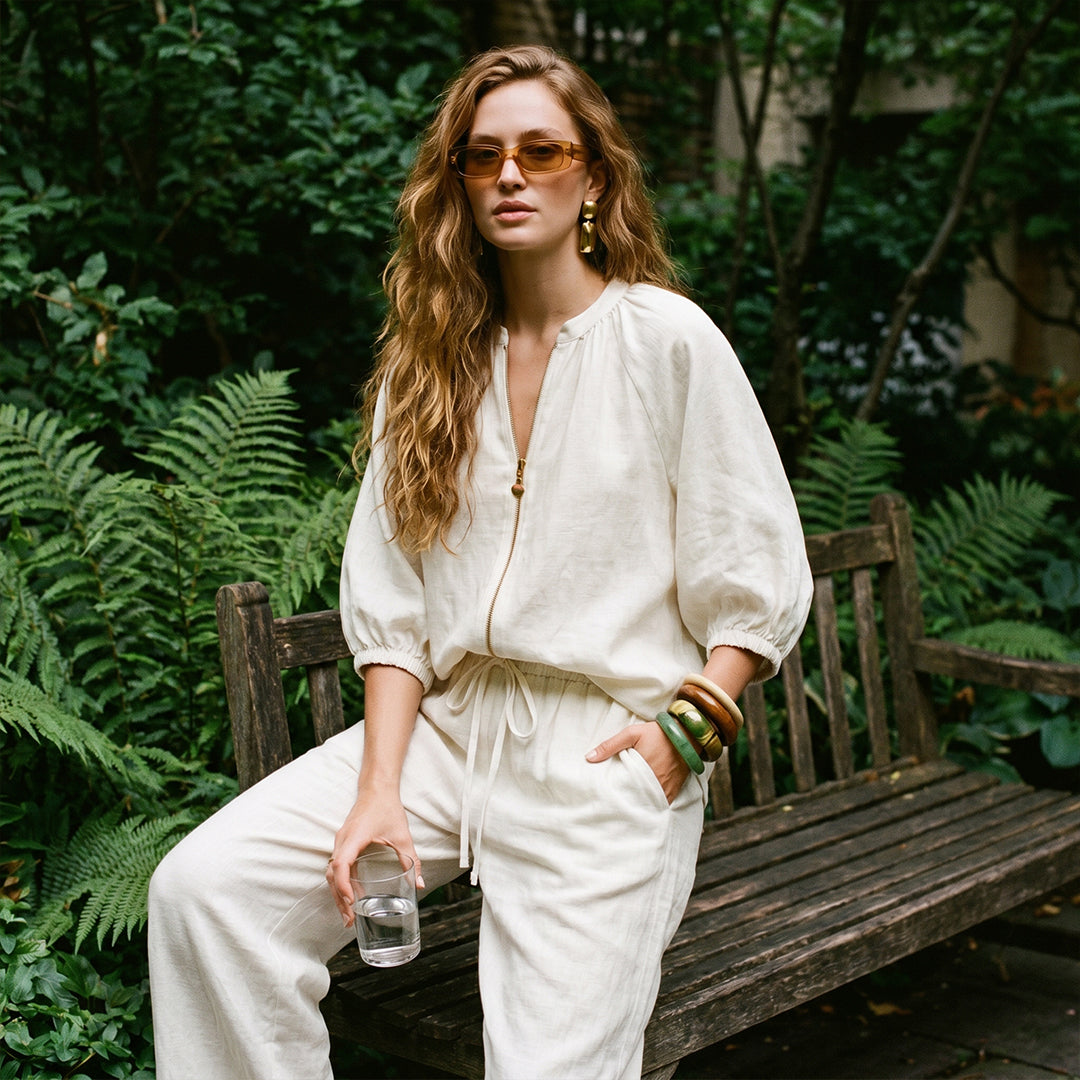 Linen Cotton Zipper Shirt & Wide-Leg Pants Set