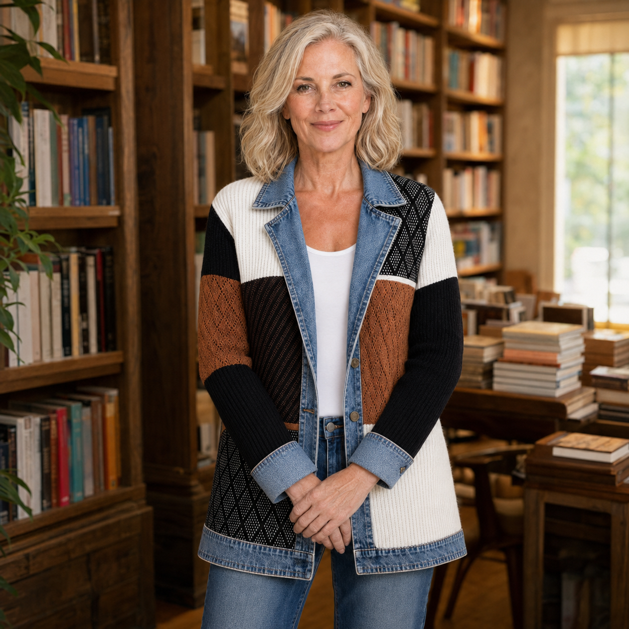 Women's Denim-Trim Knit Jacket