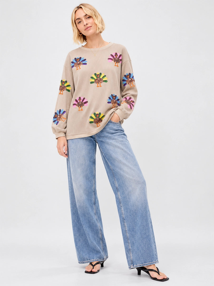 Sequin Turkey Graphic Ribbed Sweatshirt
