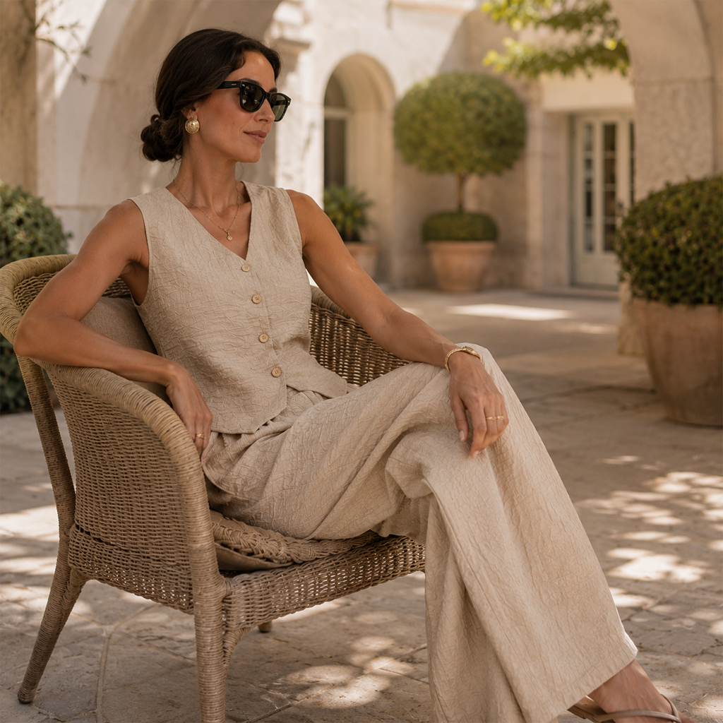 Women Summer V-Neck Front Clasp Tank & Long Pants Casual Work Suit