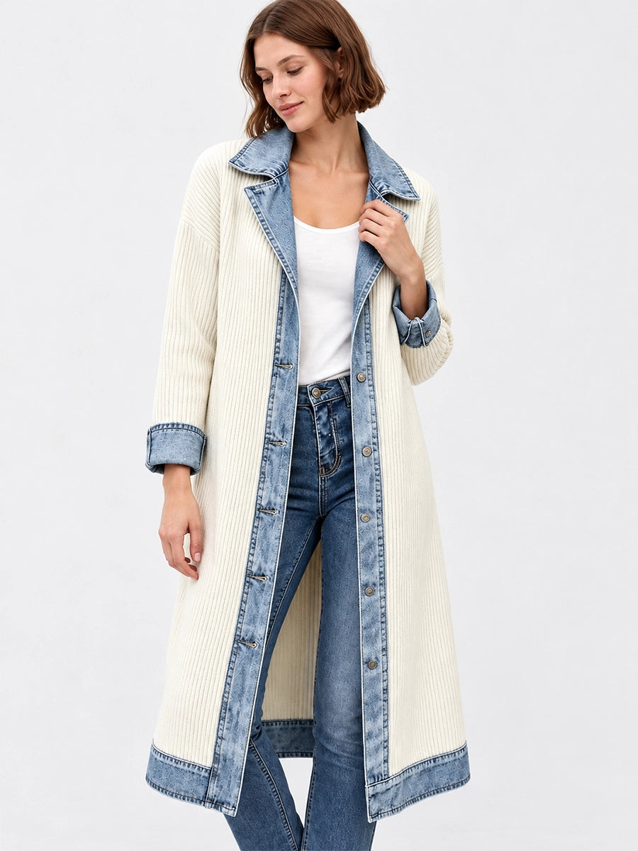 Long Knit Cardigan with Denim-Style Trim