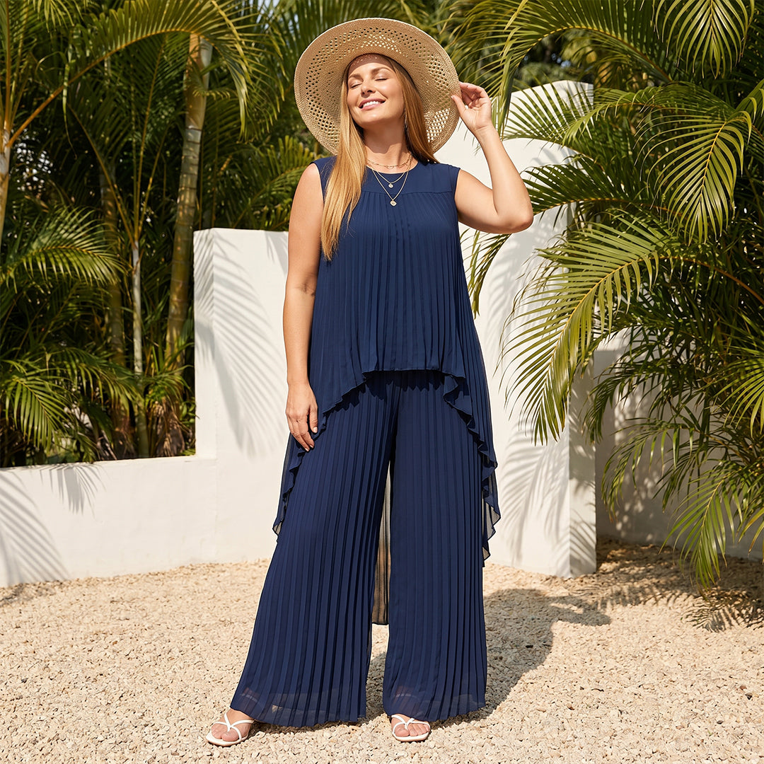 Pleated High Low Top & Trouser Two Piece Set