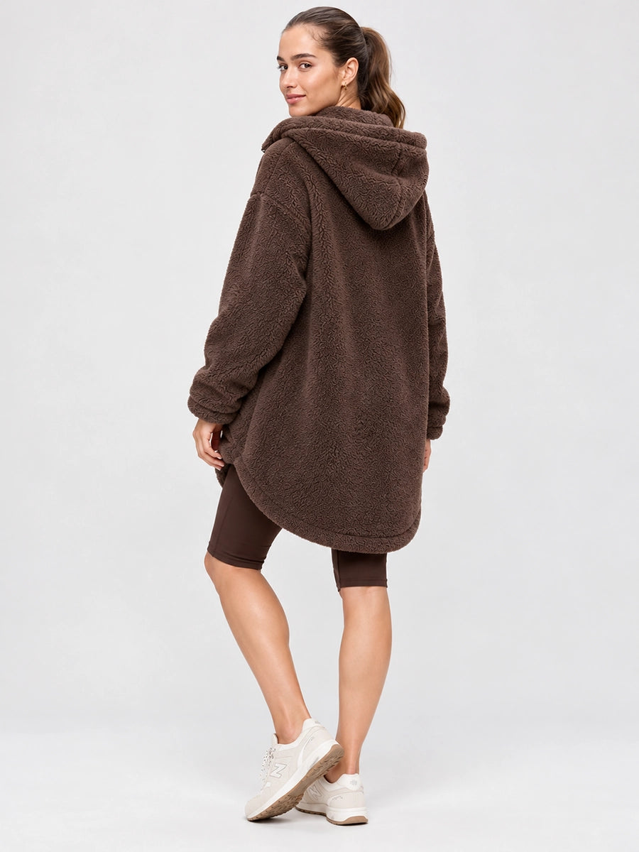 Women’s Asymmetric-Button Plush-Look Hooded Coat
