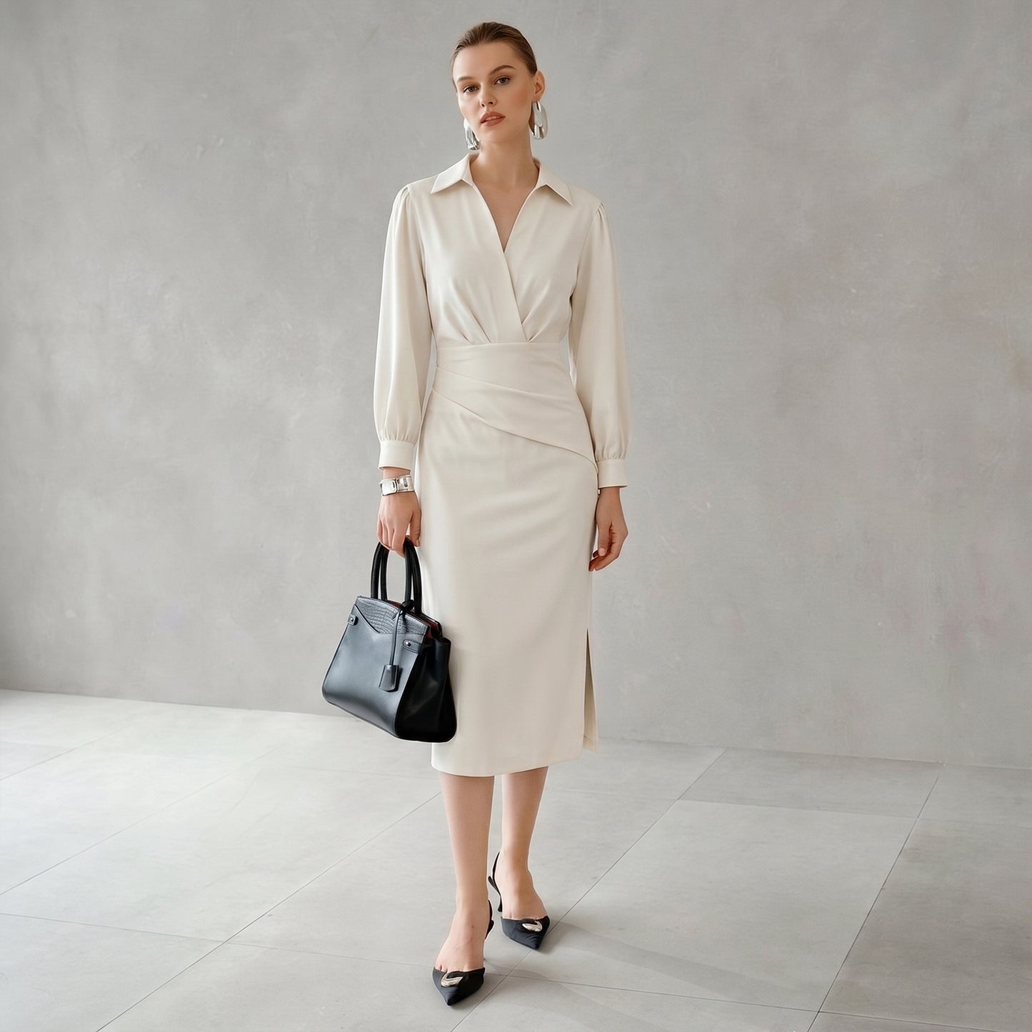 Ruched Midi Shirt Dress With Side Slit