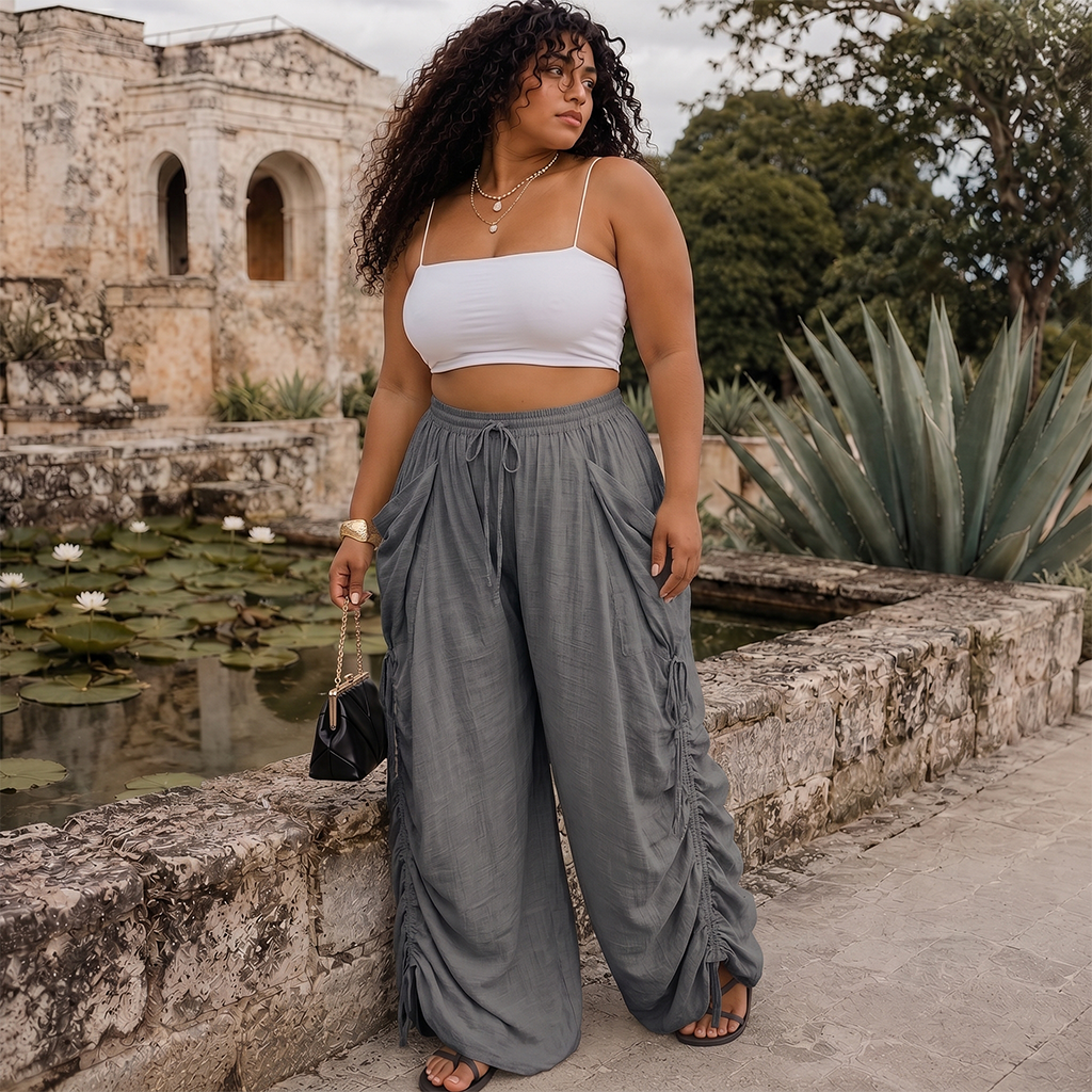 Wide Leg Loose Casual Pants with Waist Tie and Side Pockets