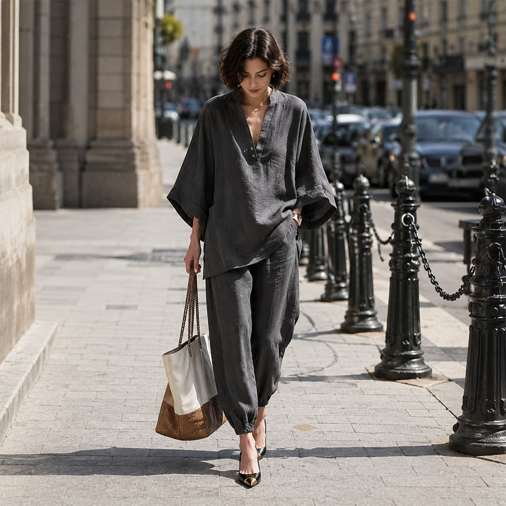 Women's Loose Cotton Linen Set, Asymmetric Hem & Minimalist Style