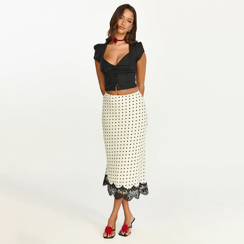 Lace Spliced Polka Dot Midi Skirt