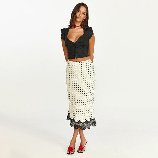 Lace Spliced Polka Dot Midi Skirt