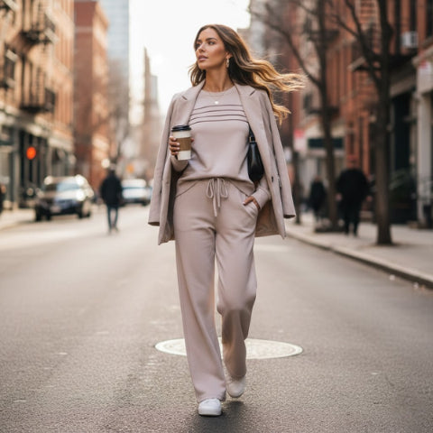 Women's Crew Neck Lounge Set - Soft Cotton Top & Drawstring Pants