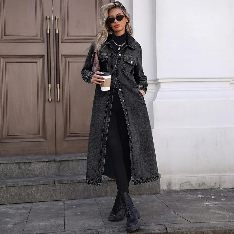 Women’s Longline Button-Front Denim Coat