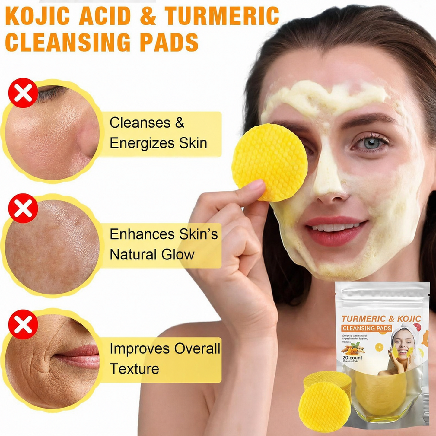 💸 SAVE BIG 💸  Natural Turmeric & Kojic Acid Exfoliating Cleansing Pads for Dark Spots | 40 Pads 🧼