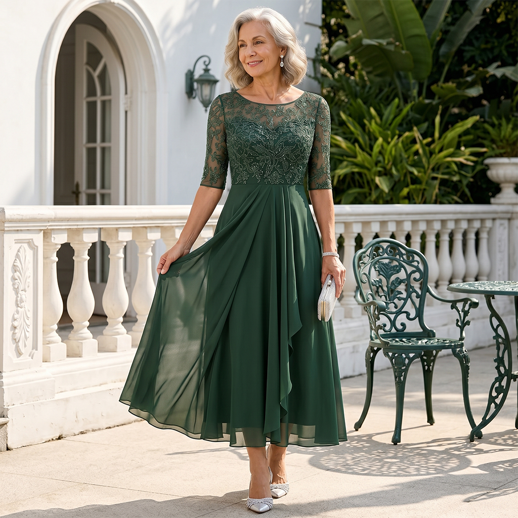 Lace Pleated Midi Elegant Evening Dress