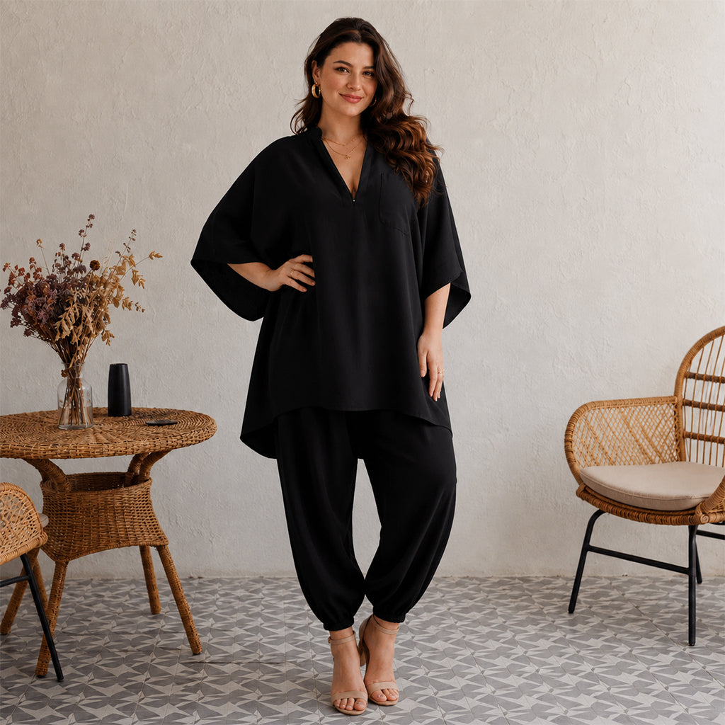 Women's Loose Cotton Linen Set, Asymmetric Hem & Minimalist Style