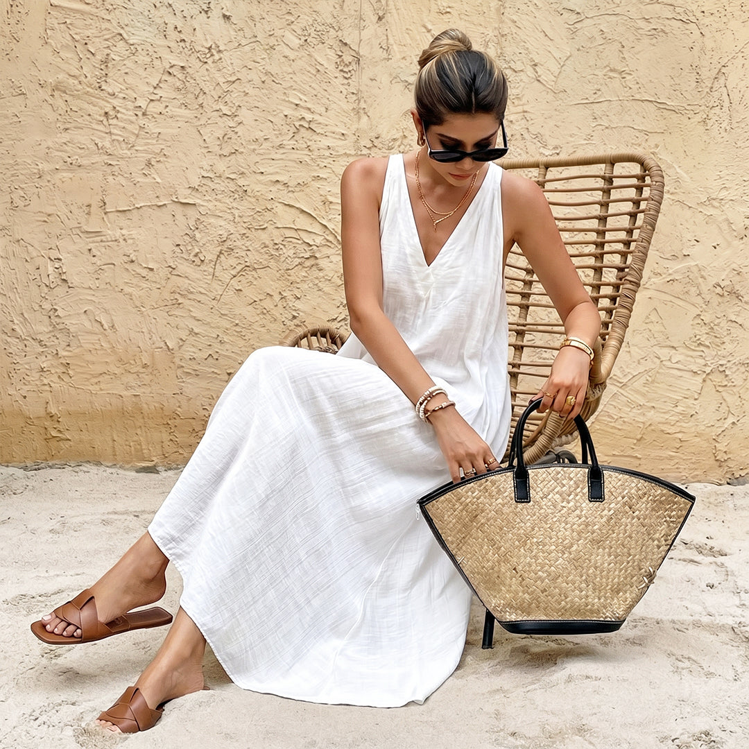 Linen Blend Solid Color Loose V-neck Sleeveless Pocket Casual Maxi Dress