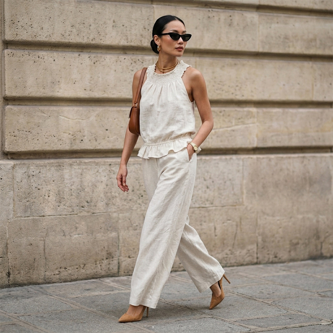 Bohemian Ruffled Linen-Cotton Two-piece Outfit