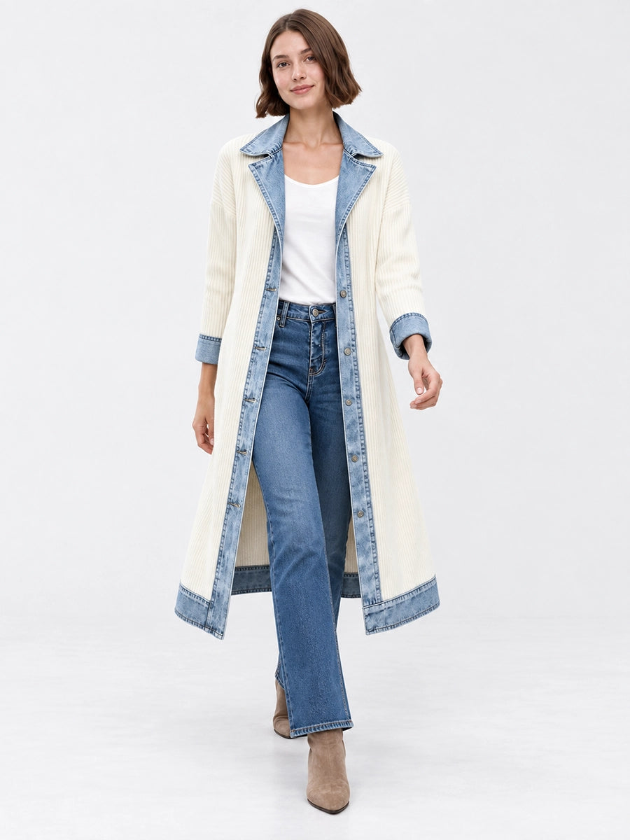 Long Knit Cardigan with Denim-Style Trim