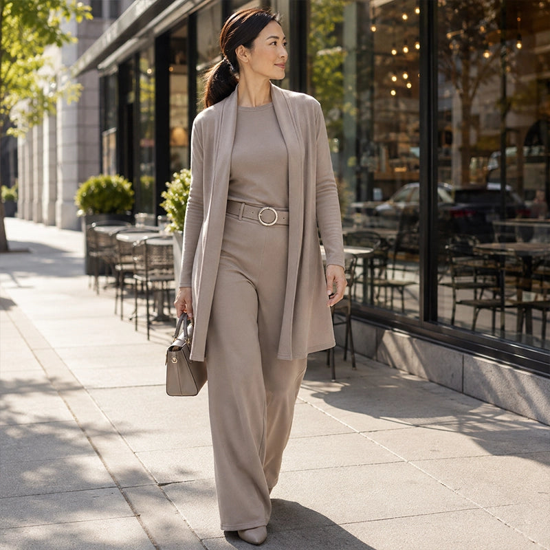 3-Piece Ribbed Knit Travel & Lounge Set (Cardigan + Tank + Wide-Leg Pants)